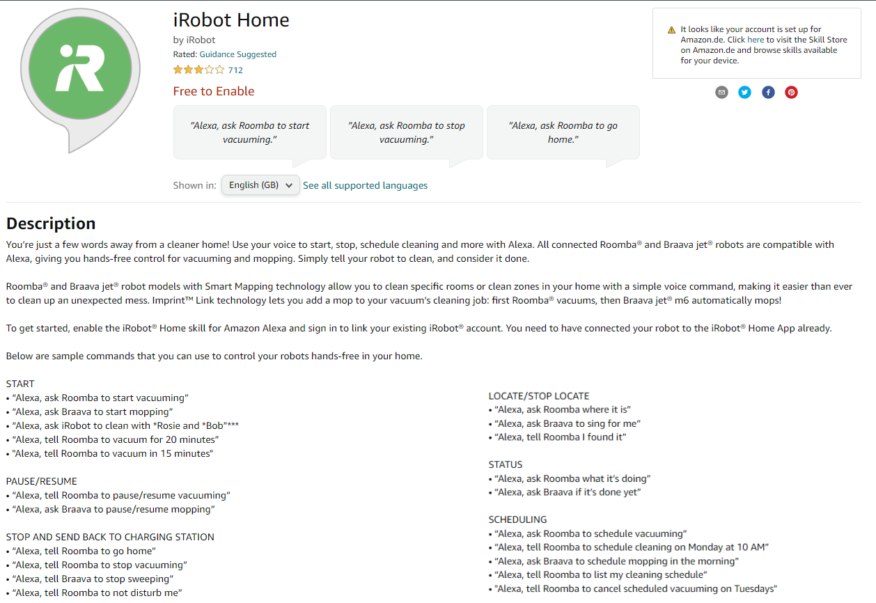The Alexa voice control commands for an iRobot Roomba vacuum robot are listed.